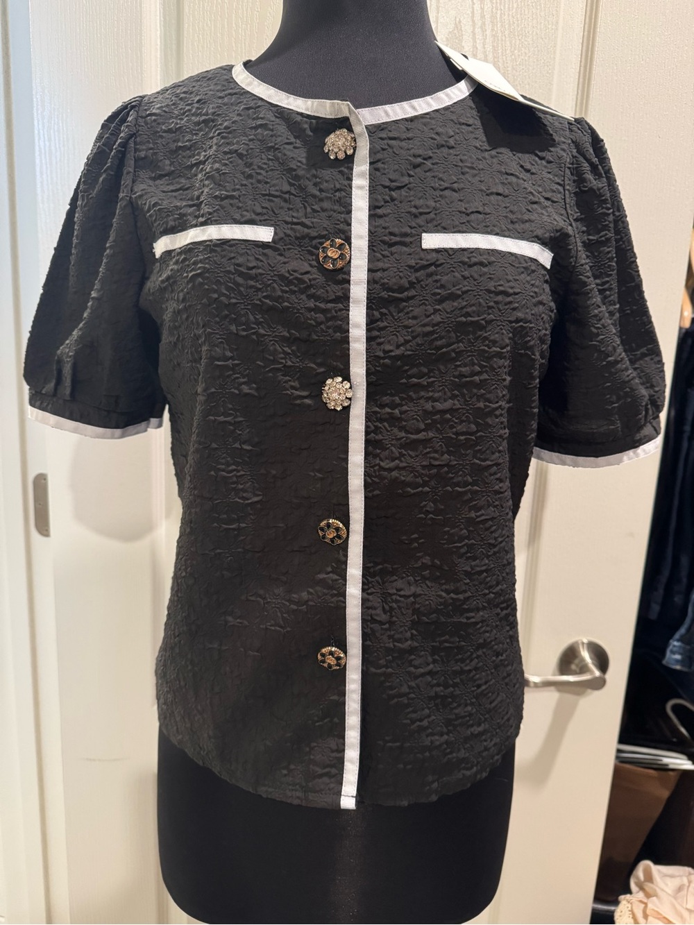 Black Textured Short-Sleeve Blouse with White Trim